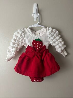 Infant Girls Red Strawberry Bow Baby Dress - White Puff Sleeve 1-3 Months